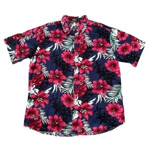 Jogal Tropical Floral Short Sleeve Hawaiian Shirt Mens XL Navy Hibiscus Resort